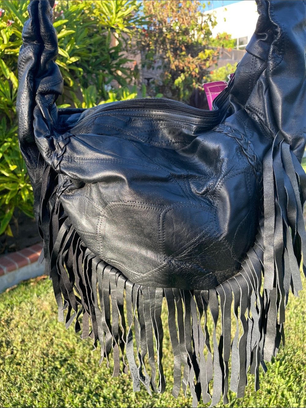 Black Leather Fringe Hobo Bag - Unbranded